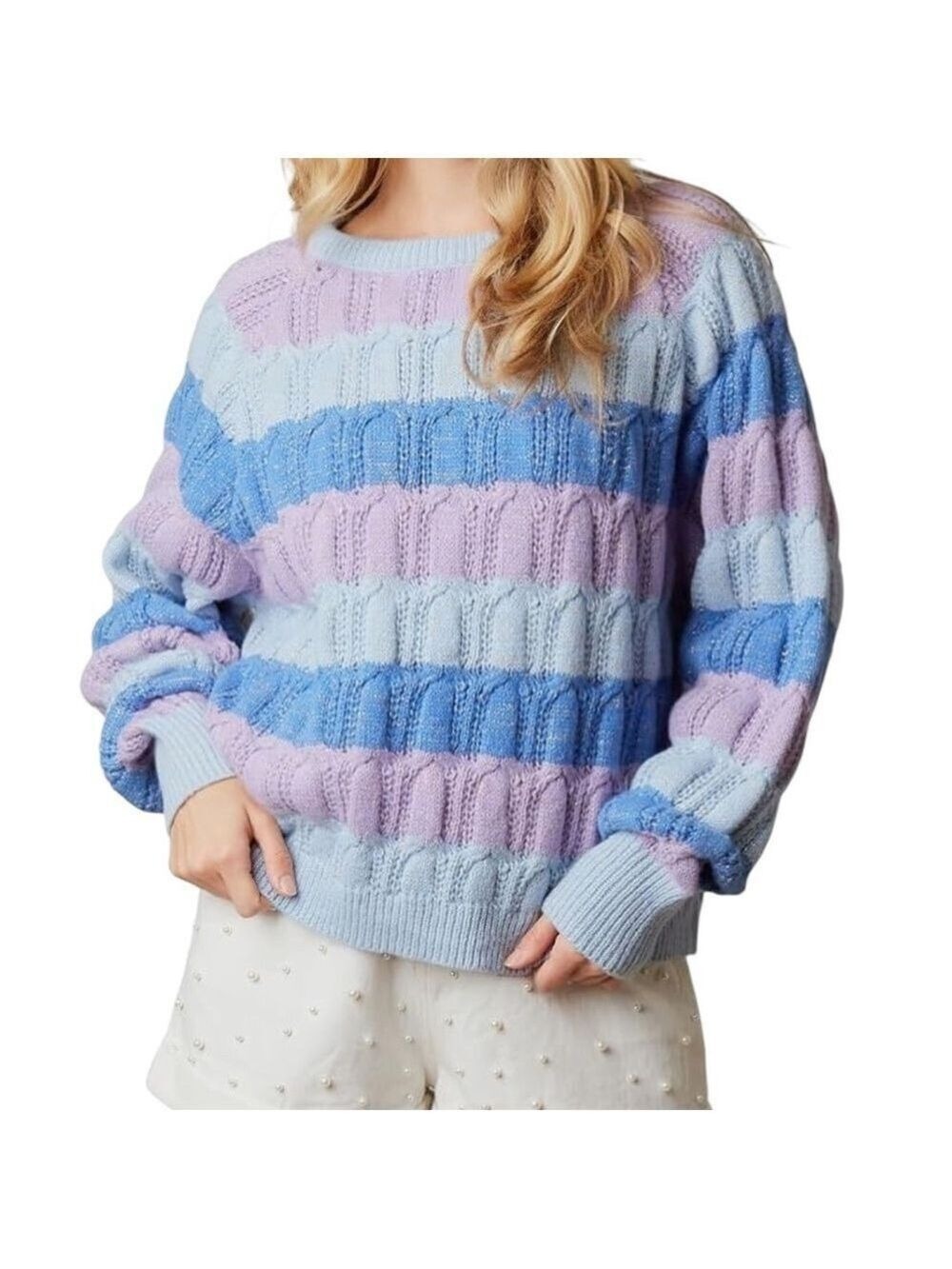Peach Love Striped Oversized Chunky Knit Pullover Sweater Blues Purple Sz M VGC